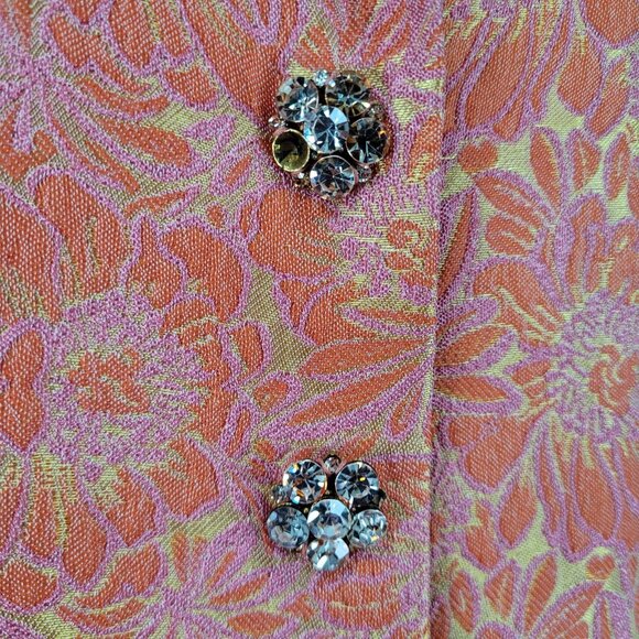 ECI New York Orange Floral 100% Silk Lined Rhinestone Snap Notch Jacket Size 14 - Picture 5 of 16
